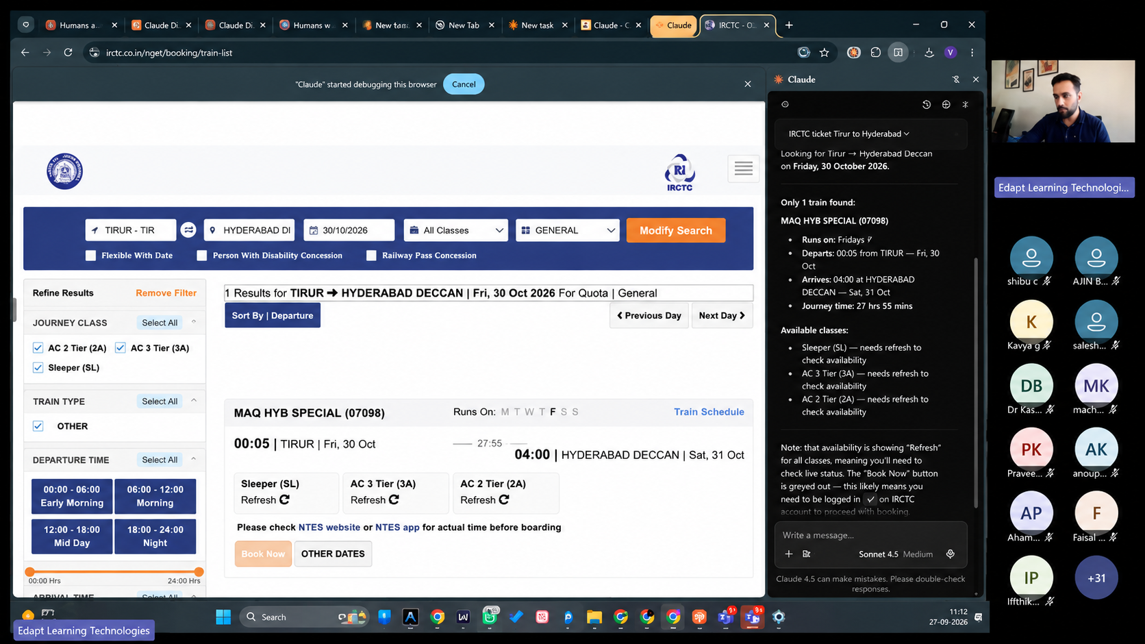 Claude helping search IRCTC train availability during a live workshop