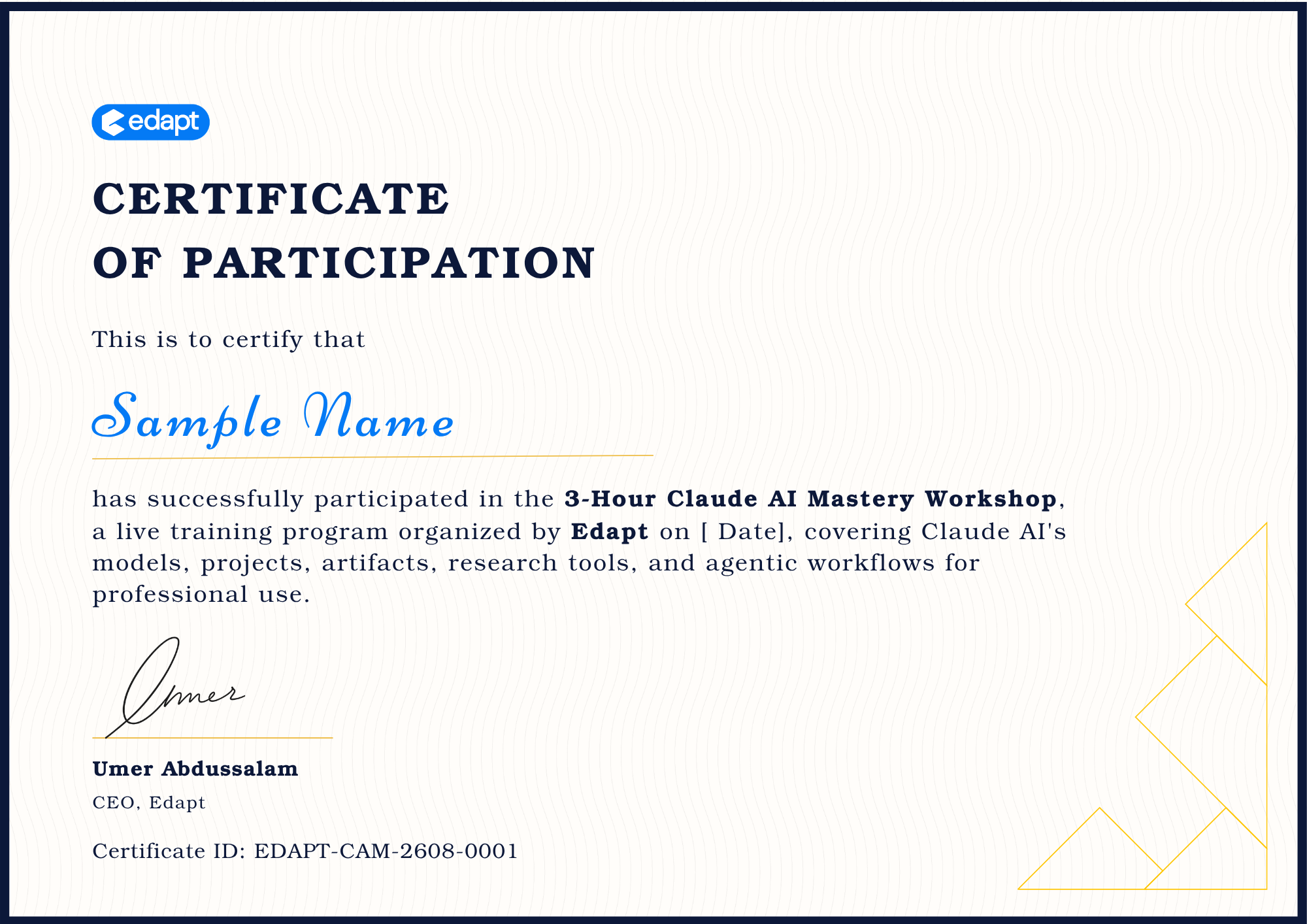 Sample Edapt Certificate of Participation for the Claude AI Mastery Workshop